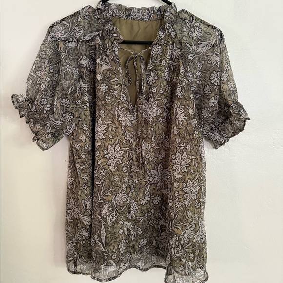 Tops - Floral Sheer Blouse - Green